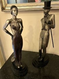 Composite M. Katok Signed Art Deco Man & Woman Sculptures 