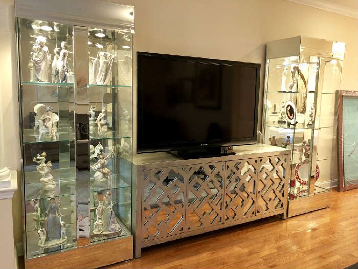 Sharp Aquos 60" TV... Glass & Chrome Curio Cabinets, Silver Leaf Lattice, Glam Contemporary Mirrored Sideboard Console