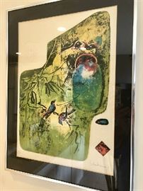 "Birds on a Branch" Signed, Stamped & Framed Lithograph by Lebadang!  c. 1975 (Vietnamese Artist)