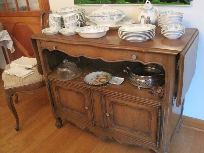 French Provincial drop leaf server & china