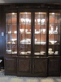 large lighted china cabinet & white opalescent glass & milk glass