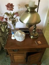 Cherry Nightstand and Toleware Lamp