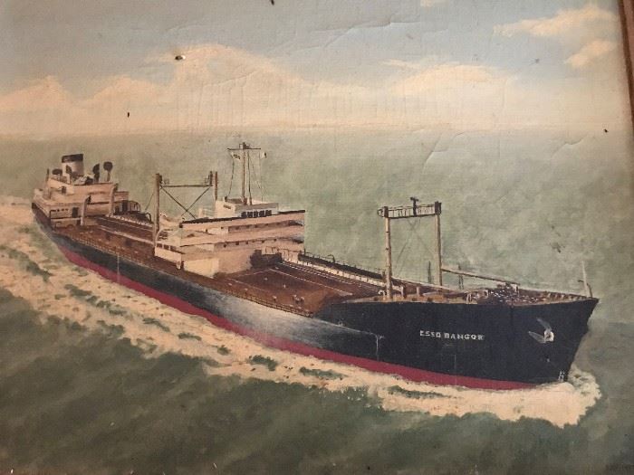 Rare Esso Oil Tanker Painting on Canvas- Esso Bangor Built 1952 Destroyed 1983