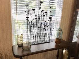 Large mid century type metal sculpture, pretty mosaic glass vase & bowl, etc