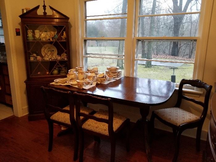 Duncan Phyfe style dining set with table, chairs, buffet and matching Chippendale hutch