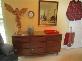 Mid Century Modern triple dresser. Large carved wood angel.