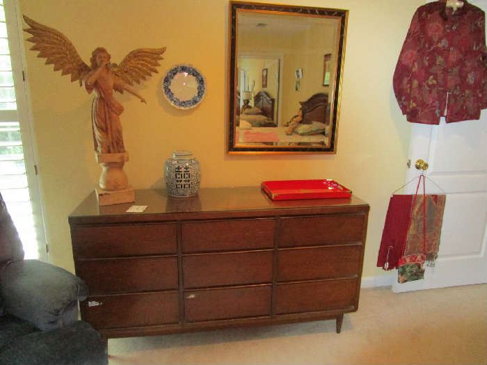 Mid Century Modern triple dresser. Large carved wood angel.