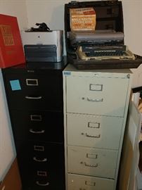 filing cabinets, vintage typewriter, word processor, printer