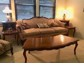 Victorian style sofa, coffee table, parlor lamps, French Provincial coffee table