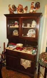 China cabinet, chicken collectibles, porcelain and dinnerware items