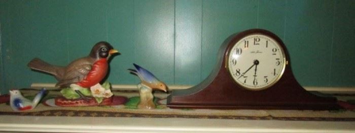 Bird figurines, mantle clock