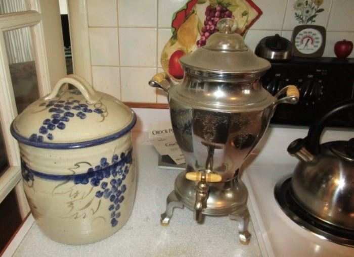 Stoneware cookie jar, vintage coffee urn