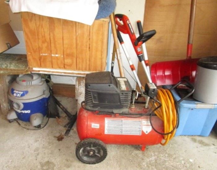 Air compressor, shop vac, misc. garage items