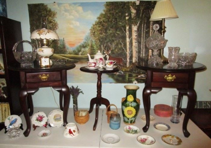 Cherry end tables, Misc. collectible glassware, lamps