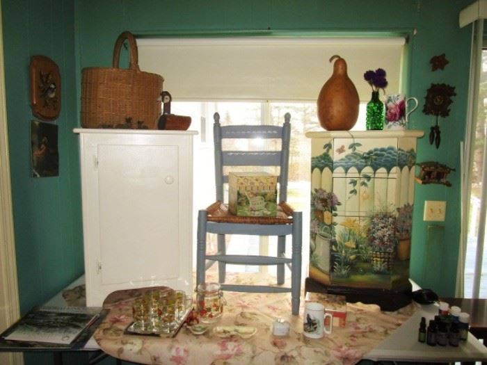 Painted cabinets, painted chair, misc. decor/baskets