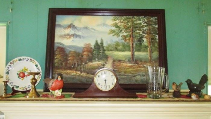 Large painting,  mantle clock, brass candlesticks, figurines