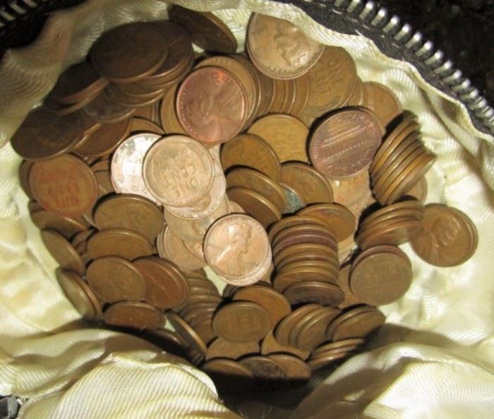 Older pennies, many wheat pennies