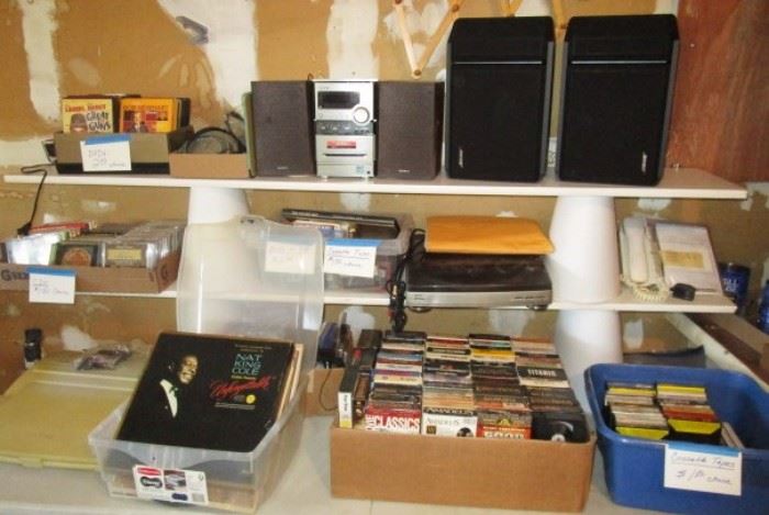 Bose speakers, records, DVD's, CD's, VHS tapes, cassette tapes, vintage stereo/speakers