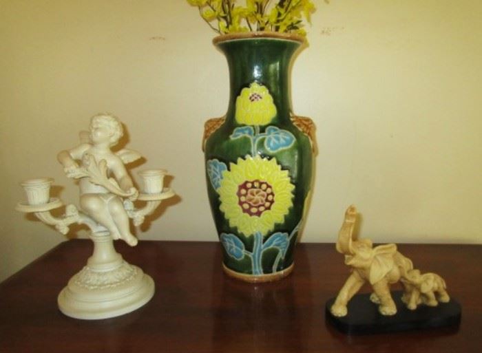 Metal angel candleholder, large floral stoneware vase, elephant figurine