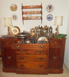 Side board, German beer steins, pair Hummel lamps silver serving pieces