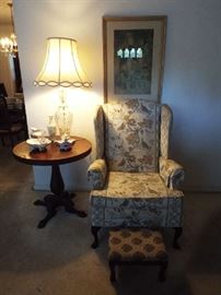 Wing-back chair, antique side table
