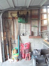 Garden tools, ladder