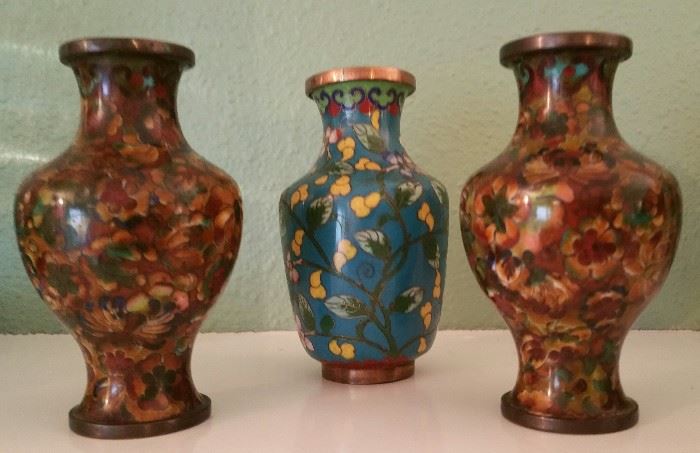 Small vases, pair are painted, blue is Cloisonne