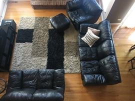 Living Room furniture & Shag rug-leather couch, loveseat and captains chair with ottoman