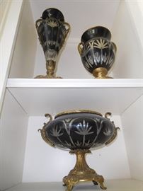 Cut to clear glass/brass vases