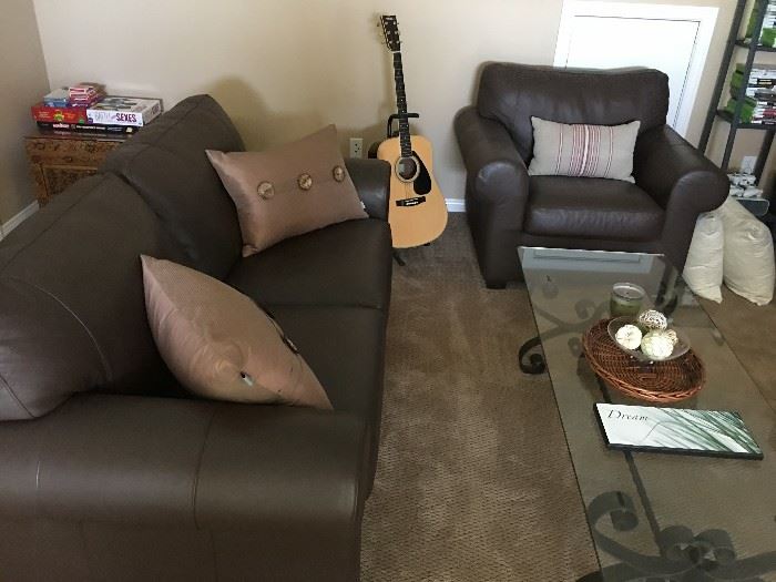 Brown Leather Sofa & Chair