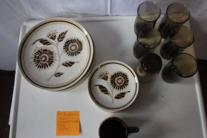 MId century plates and brown glass cups