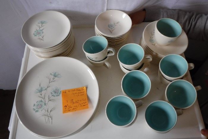 Beautiful set of mid century large plates, small plate, cups.  Delightful design.