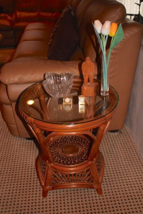 Round Bamboo Side Table with  Tiny Decorative Clocks, Figurine and Decorative Bowl & Vase