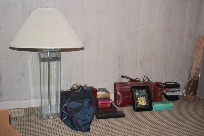 Lucite Lamp and Assorted Household Items