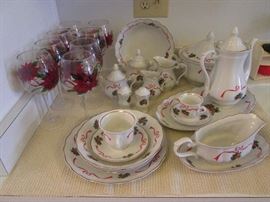 Christmas China Set with Serving Pieces from Poland.  Holiday Wine Stems