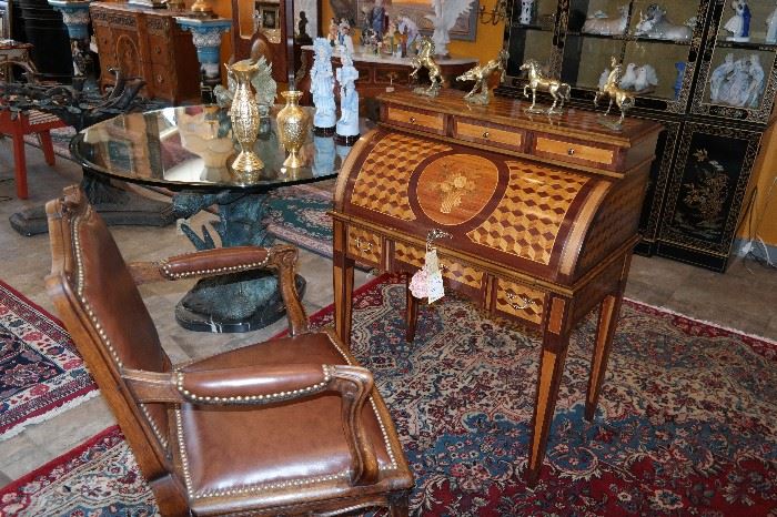 italian parquetry secretary desk with French antique chair 