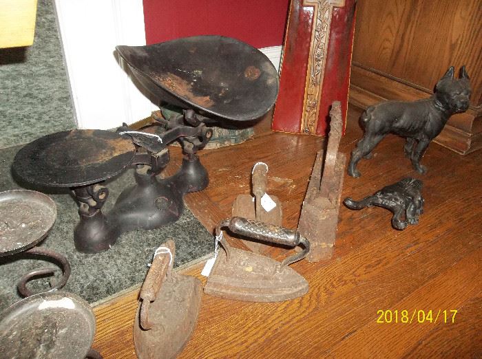 Jacobs weight scales, commerical size cast iron flat iron, cast iron flat irons, cast iron figurines