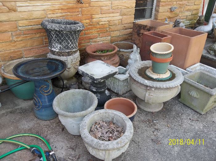bird baths, planters, pots