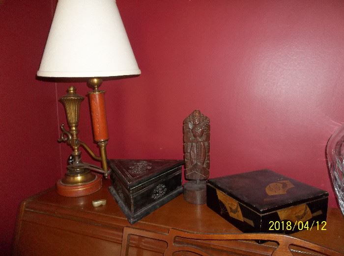 Wurlitzer piano, lamp, glass vase, decorative boxes
