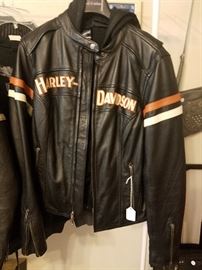 Her leather like new Harley rider's jacket.