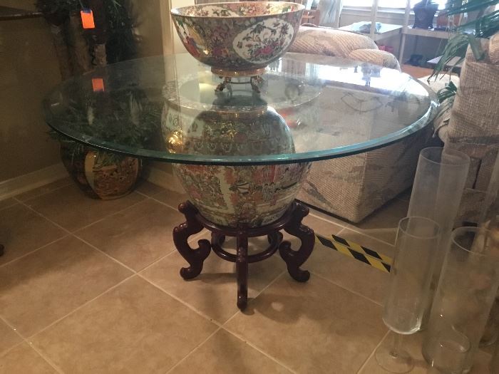 Glass top oriental base table
