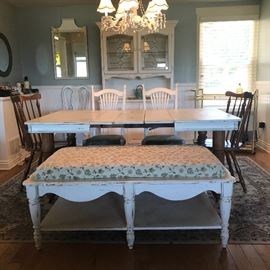 Chalk painted dining room table- 2 chalk painted chairs with upholstered seats, two wood chairs, upholstered bench seat- chalk painted base.