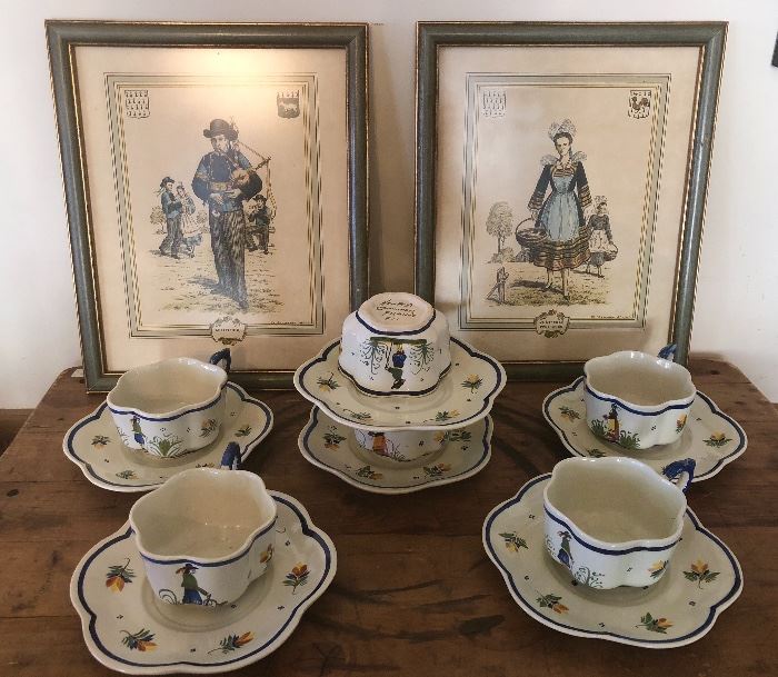 Quimper Henriot French Faience tea set and Quimper framed prints