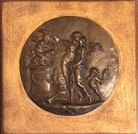 French bronze relief romantic family scene plaque