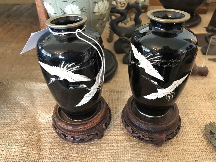 Pair of silver wire birds cloissone vases