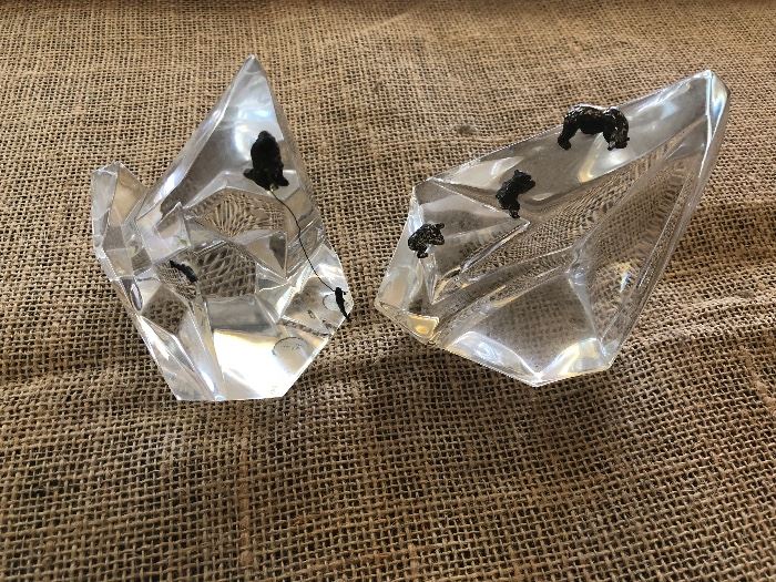 Crystal art glass iceberg sculpture with miniature pewter sea animals - signed