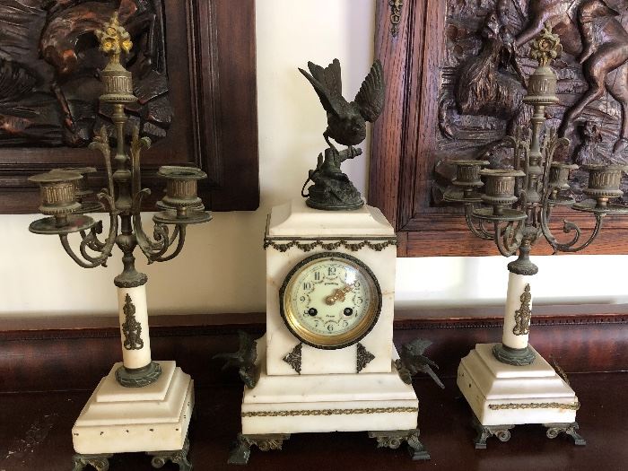 3 Pc White onyx and French bronze ormolu figural clock and candelabra set