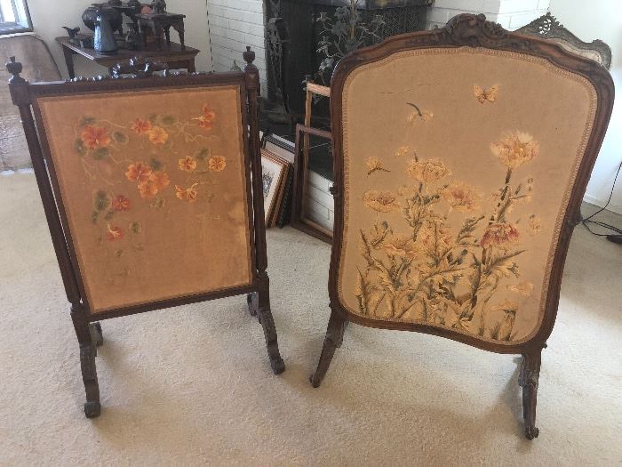 Antique embroidered fireplace screens 
