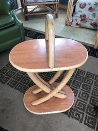 Mid century rattan Bamboo  two-tier side table with handle