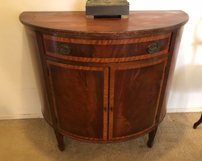 Burled wood demilune console cabinet